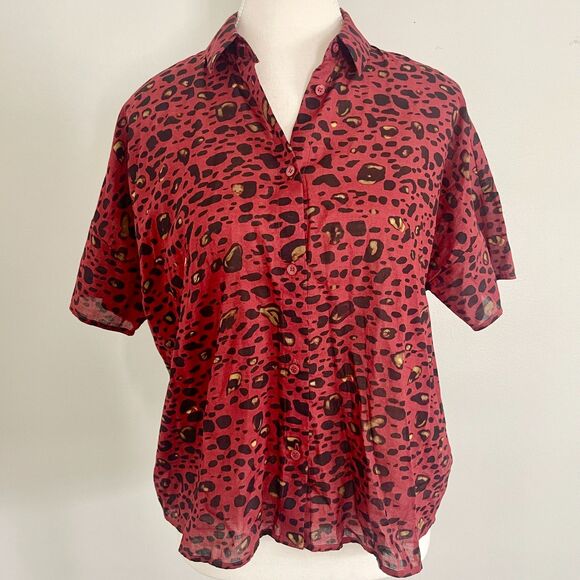 & Other Stories Leopard Blouse Stockholm Atelier Short Sleeve Red Leopard - S/M - Picture 1 of 8